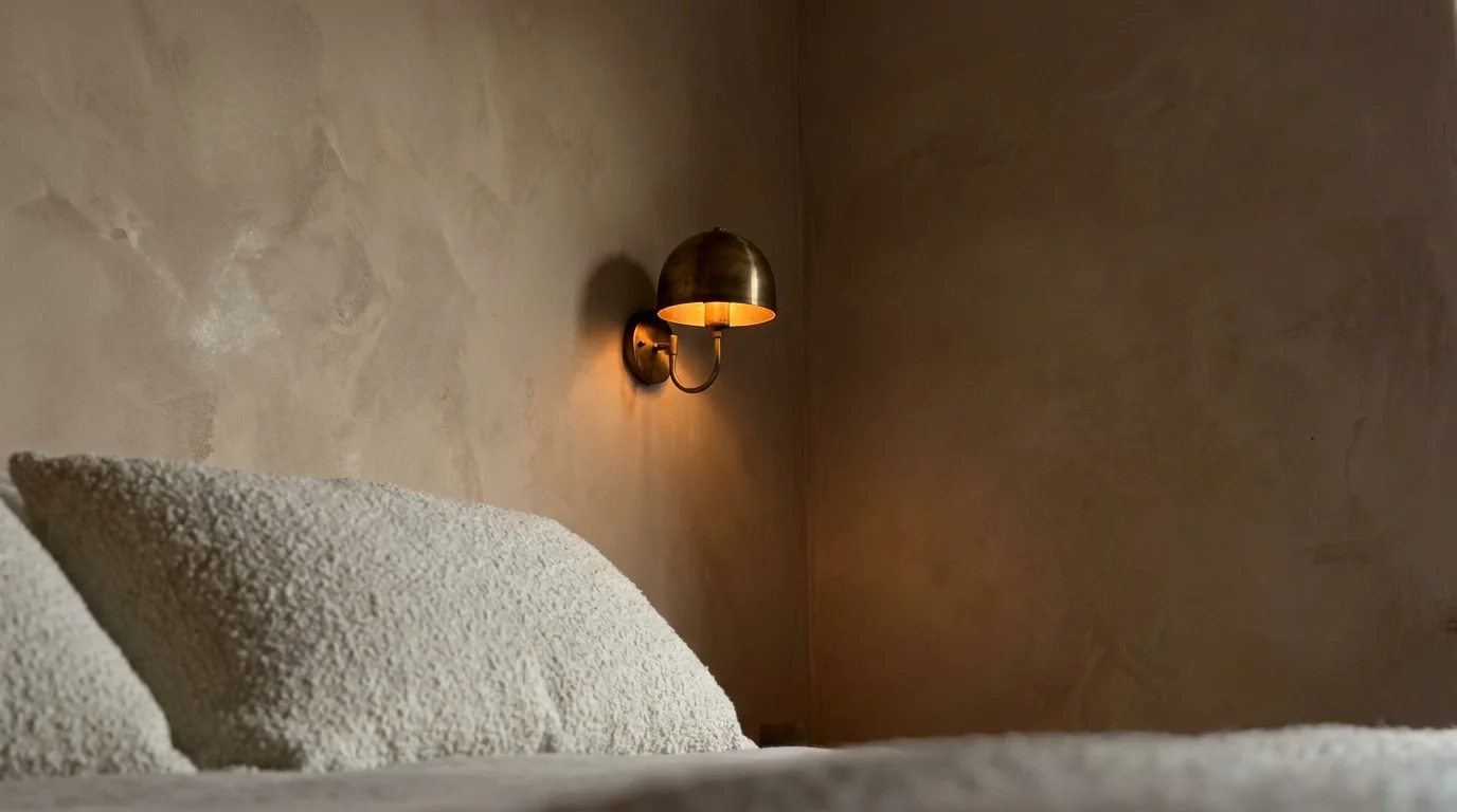 A close-up of a warm plaster pink wall with a matte finish, featuring an unlacquered brass sconce and soft amber lighting.