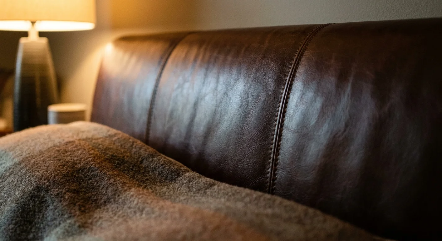 A close-up of tobacco-brown leather wall panels with detailed stitching and a warm, textured finish.