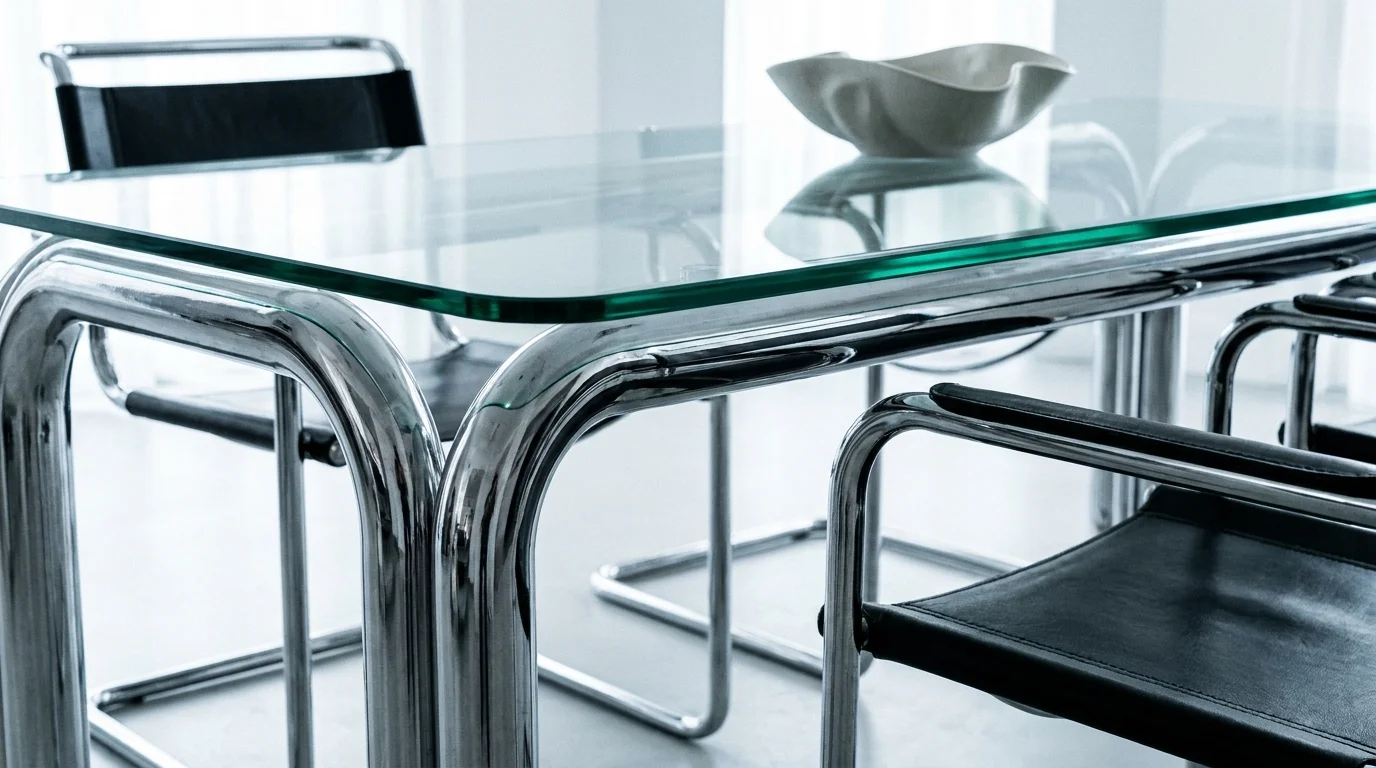 A close-up photo of a polished chrome and glass dining table with cantilevered chairs.