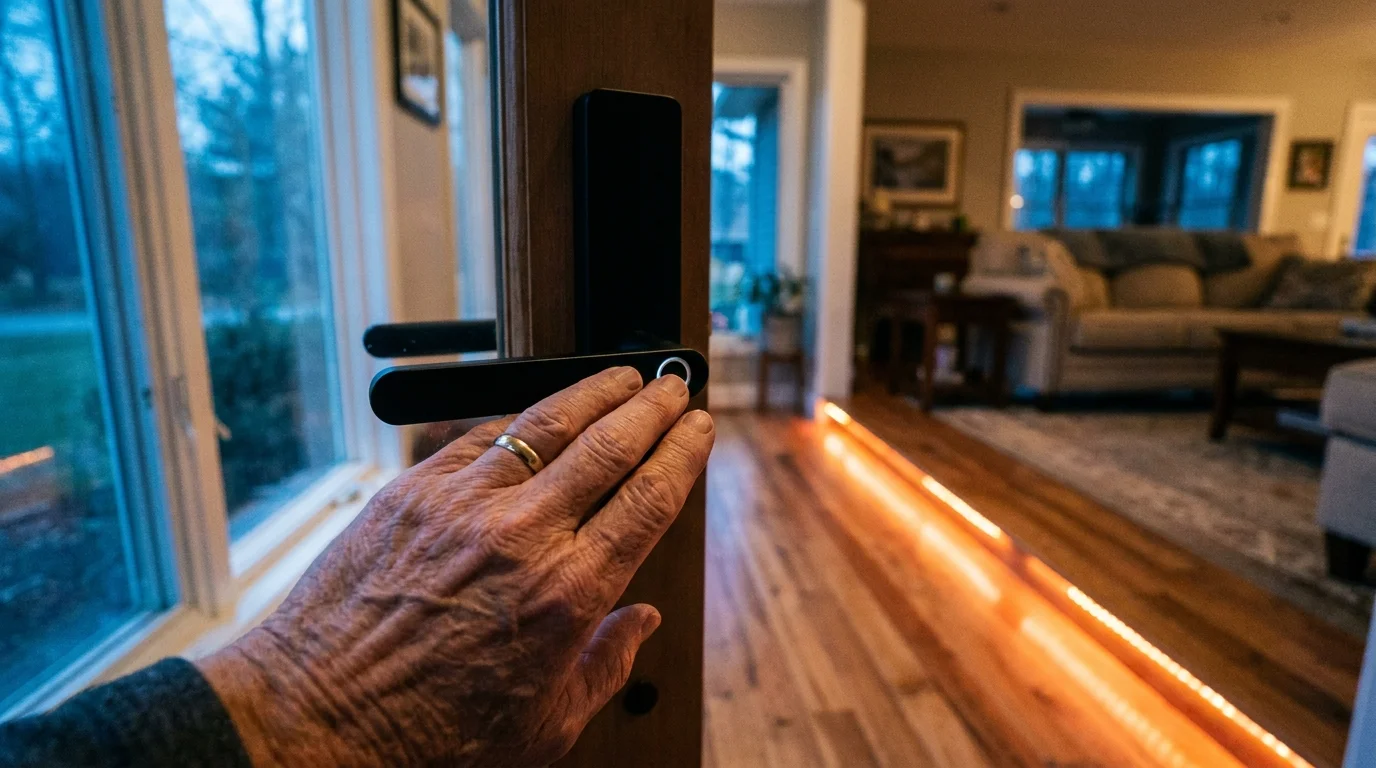 A close-up photo of a senior's hand using a smart door handle with integrated path lighting in the background.