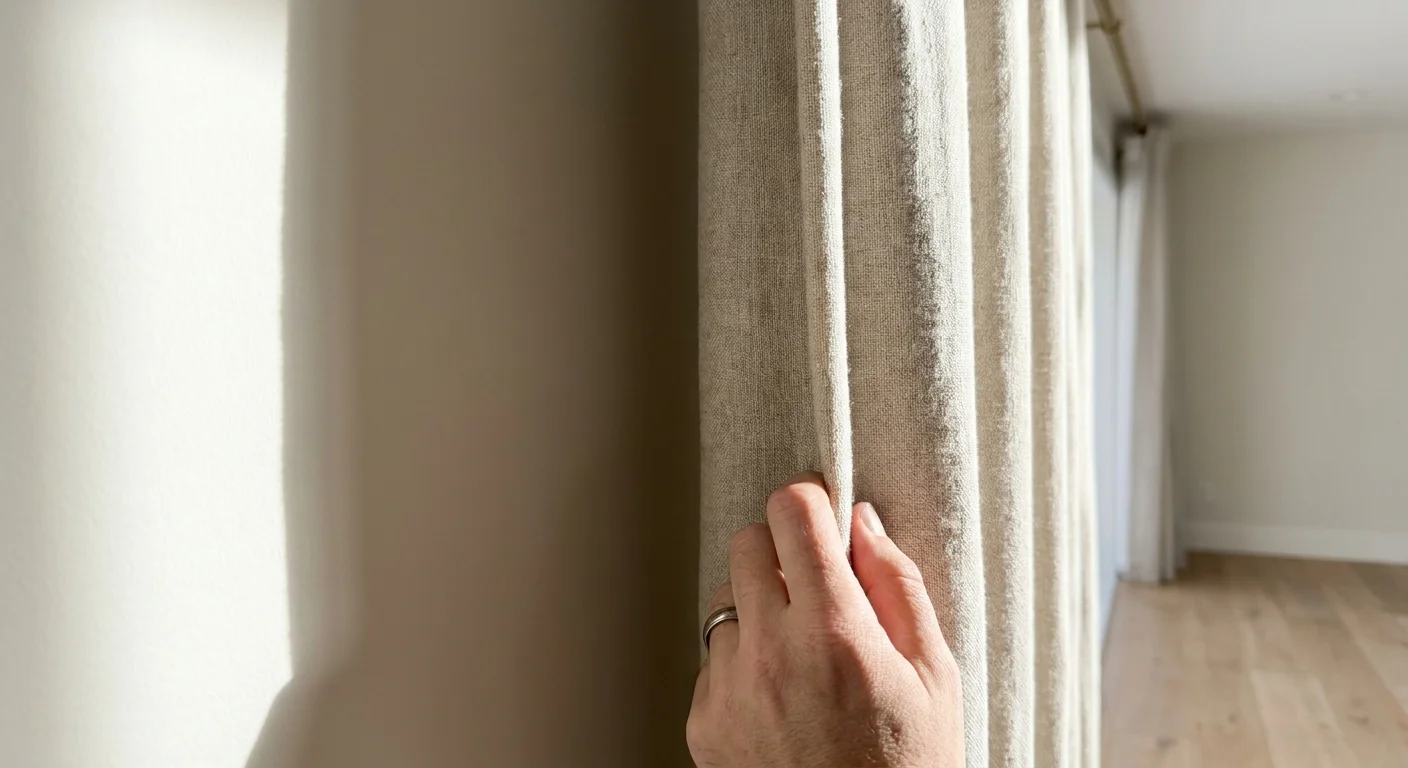 A close-up photo of a white wall with soft shadows, a linen curtain, and brass hardware in natural daylight.