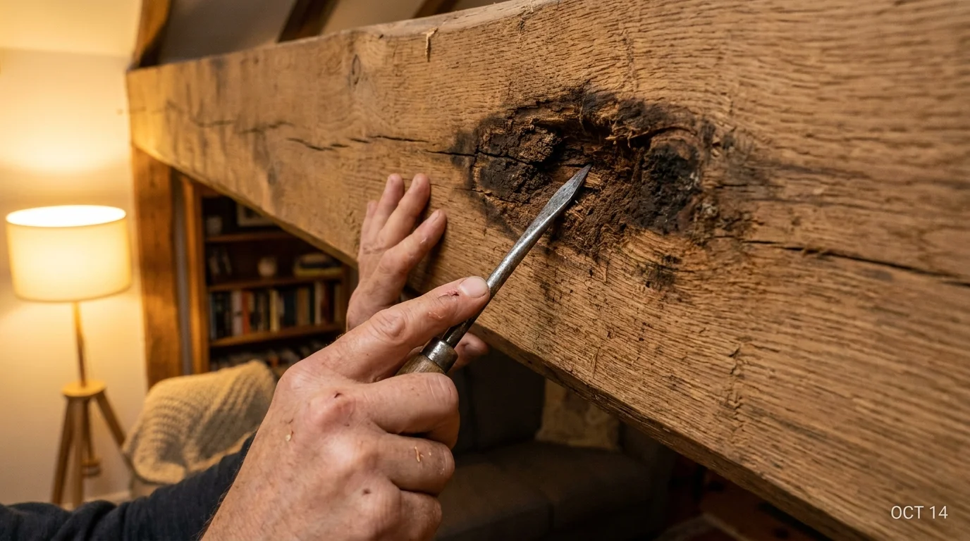 A close-up photo of an inspection tool sinking into a soft, rotted spot on a rustic ceiling beam.