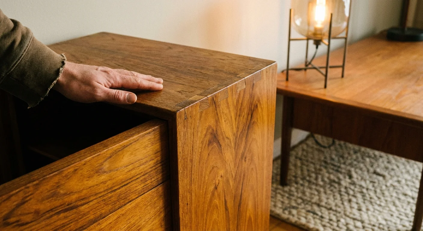 A close-up photograph of a vintage teak sideboard with dovetail joints, highlighting quality craftsmanship over 'fast furniture.'