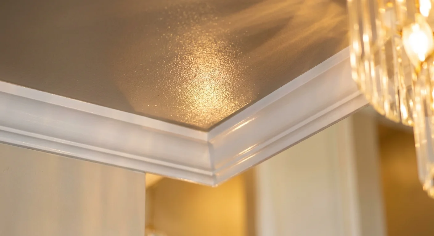 A close-up shot of a champagne metallic ceiling showing the shimmering texture and light reflection next to white molding.