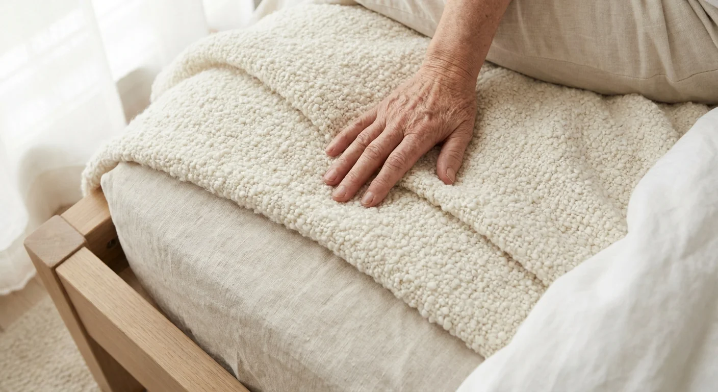 A close-up shot of a hand resting on a textured, heavy cream throw blanket, highlighting the tactile quality of the fabric.