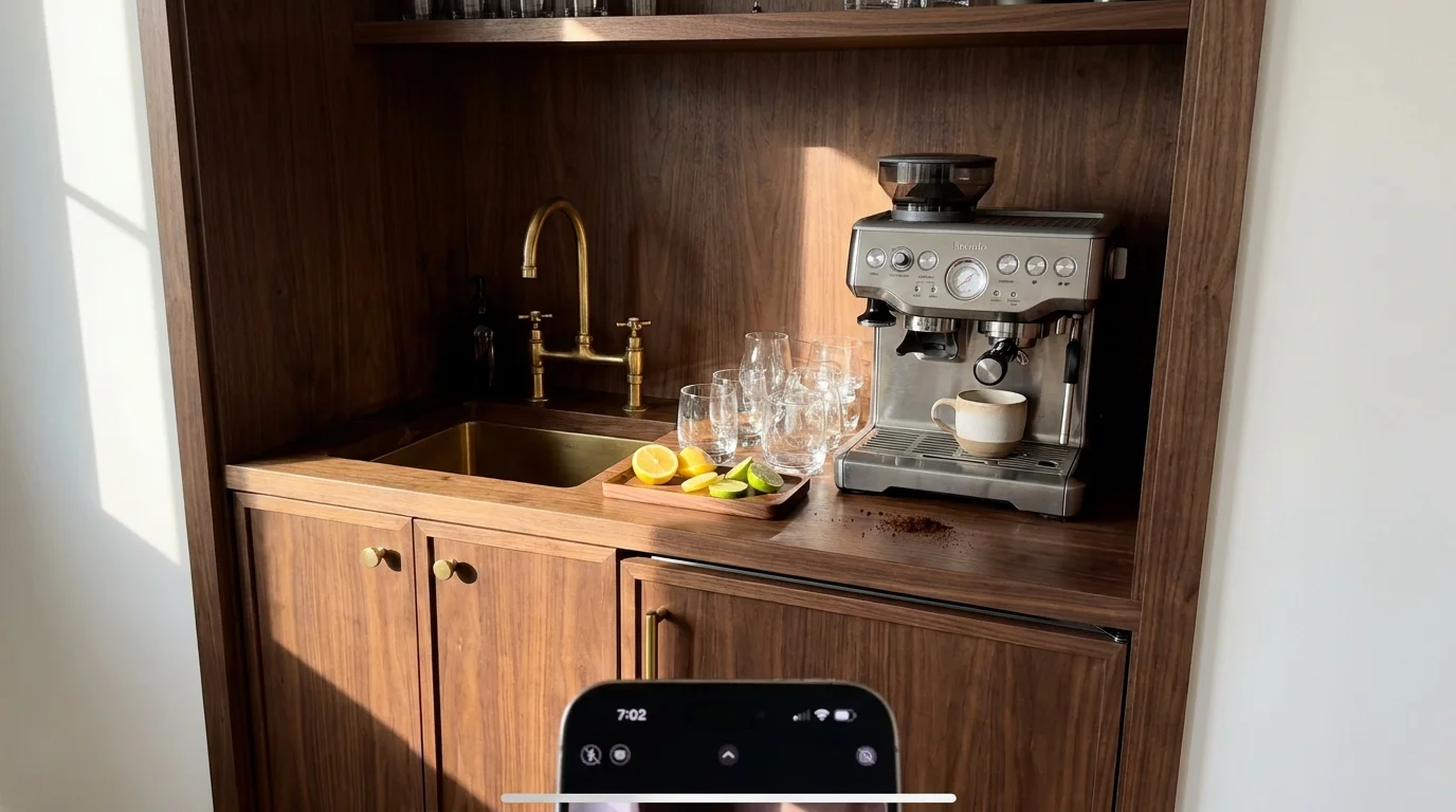 A close-up shot of a walnut-paneled home coffee and cocktail station with brass hardware and natural morning light.