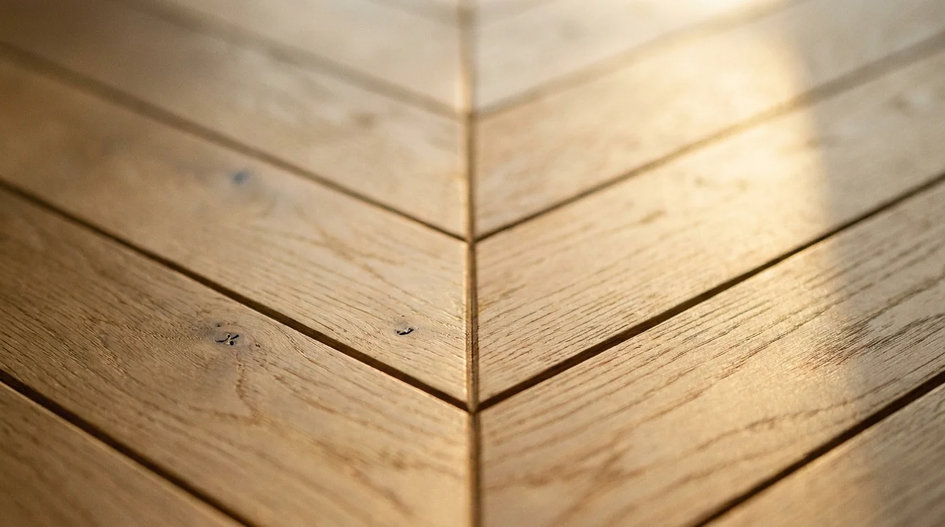 A close-up shot of an oak parquet floor in a chevron pattern, showing the rich grain and golden sunlight reflecting off the surface.