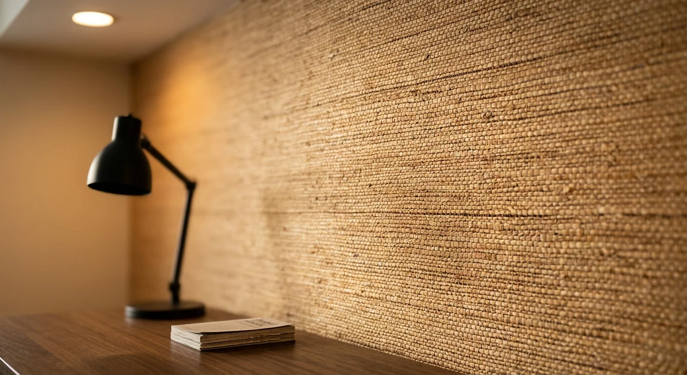 A close-up view of textured grasscloth wallpaper showing the natural fiber weave and horizontal seams under warm side lighting.
