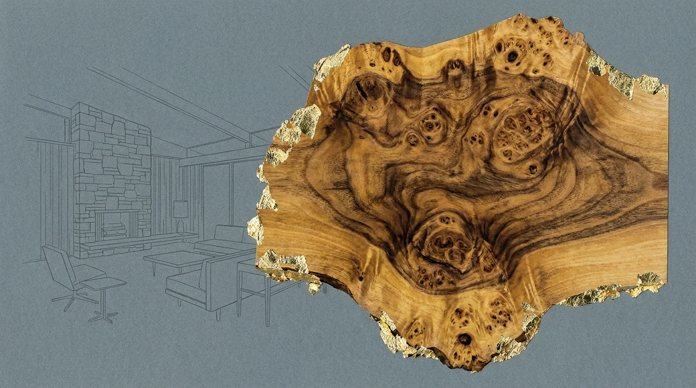 A collage featuring a swirling walnut burl wood texture over a minimalist architectural drawing.