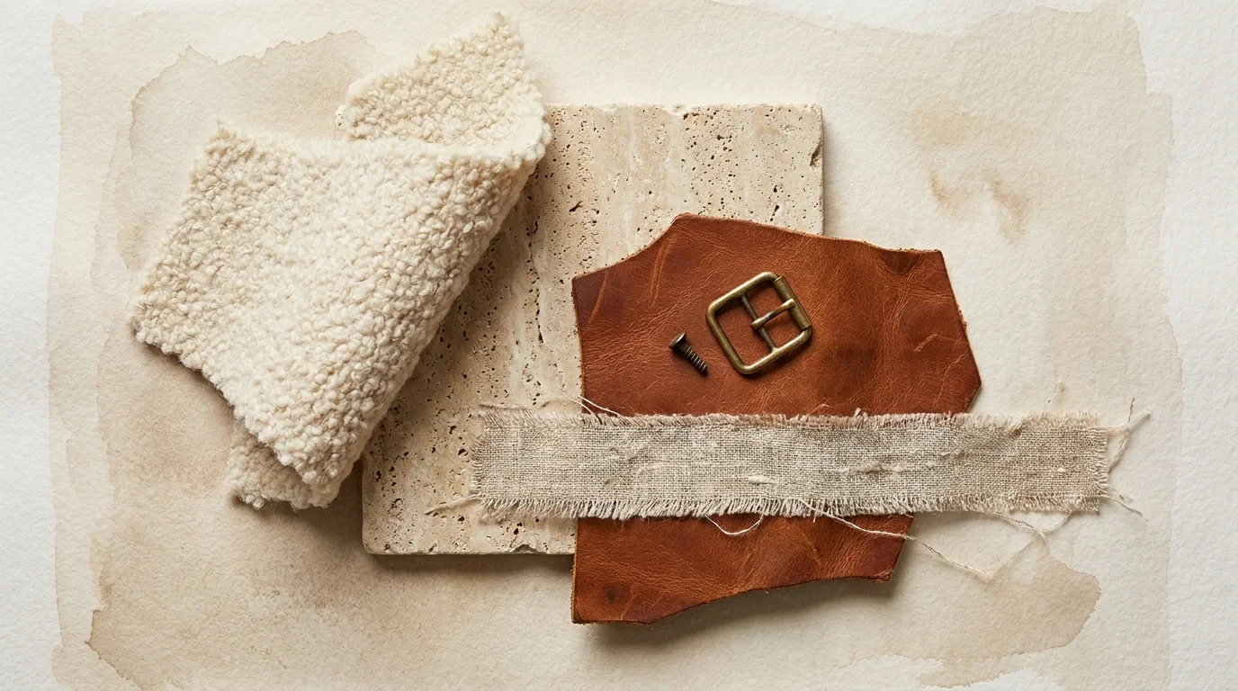 A collage of high-quality materials including bouclé fabric, leather, stone, and brass.