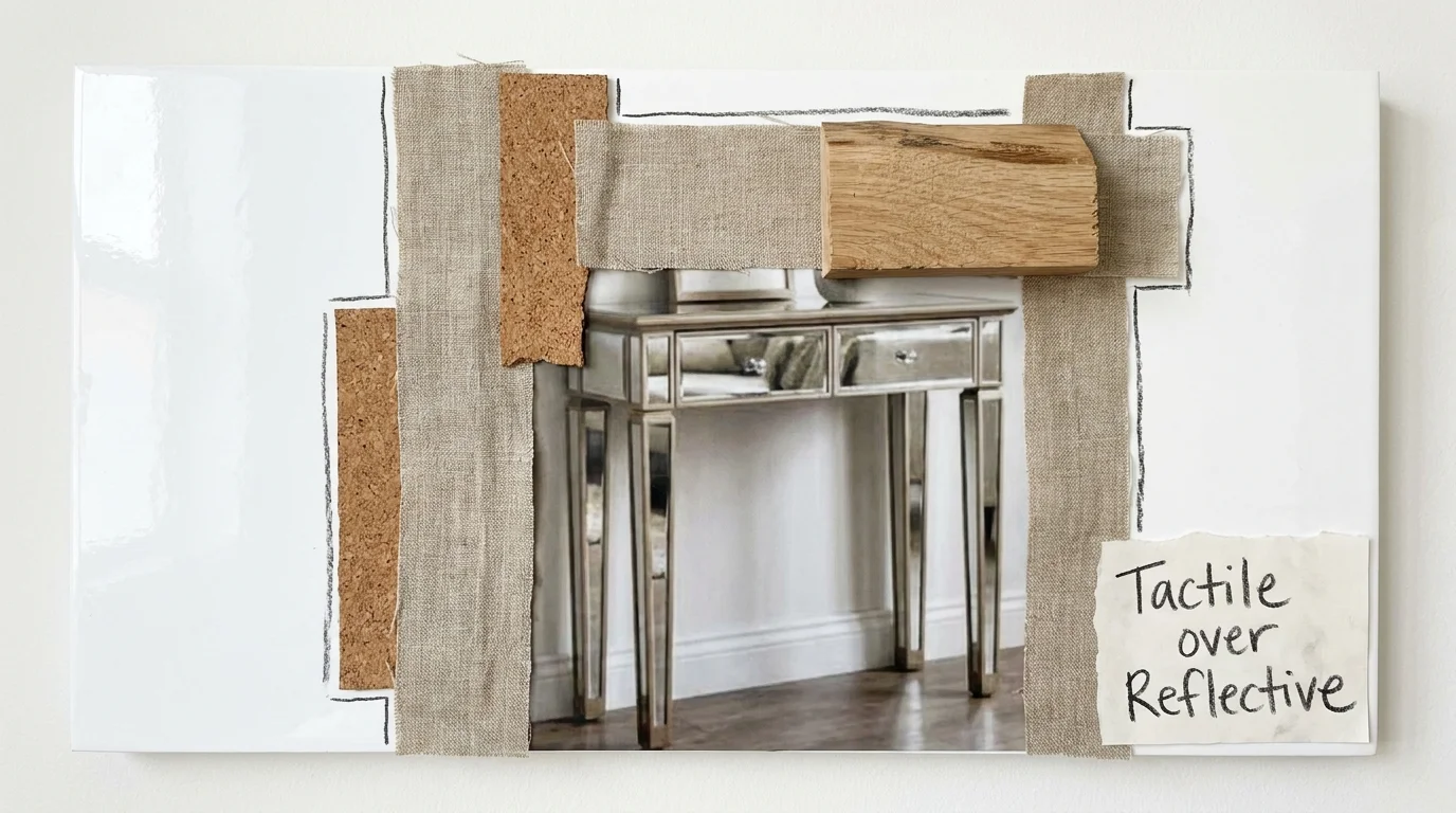 A collage of tactile materials like cork and linen being placed over a shiny, mirrored furniture surface.
