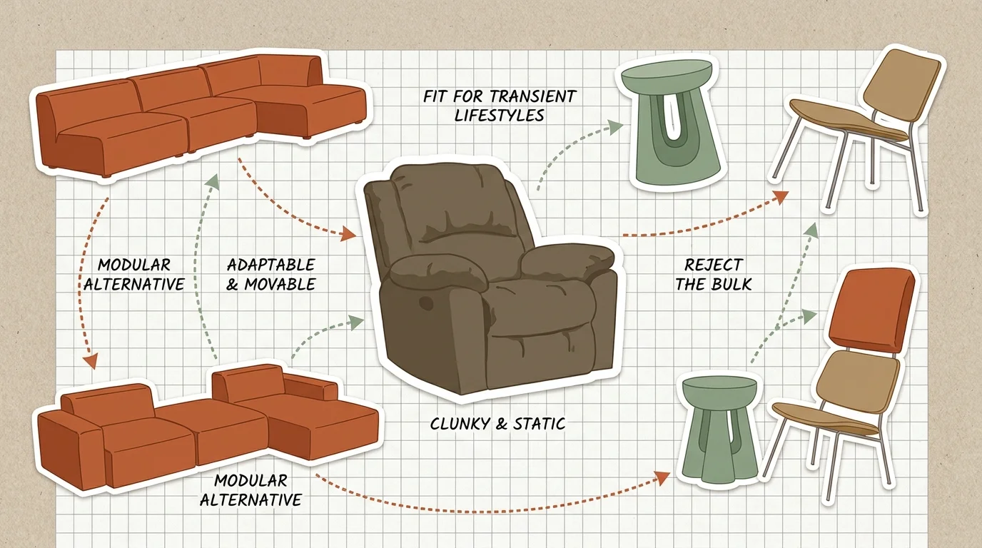 A collage showing a bulky brown recliner surrounded by sleek, modular furniture pieces like a sectional and a stool.