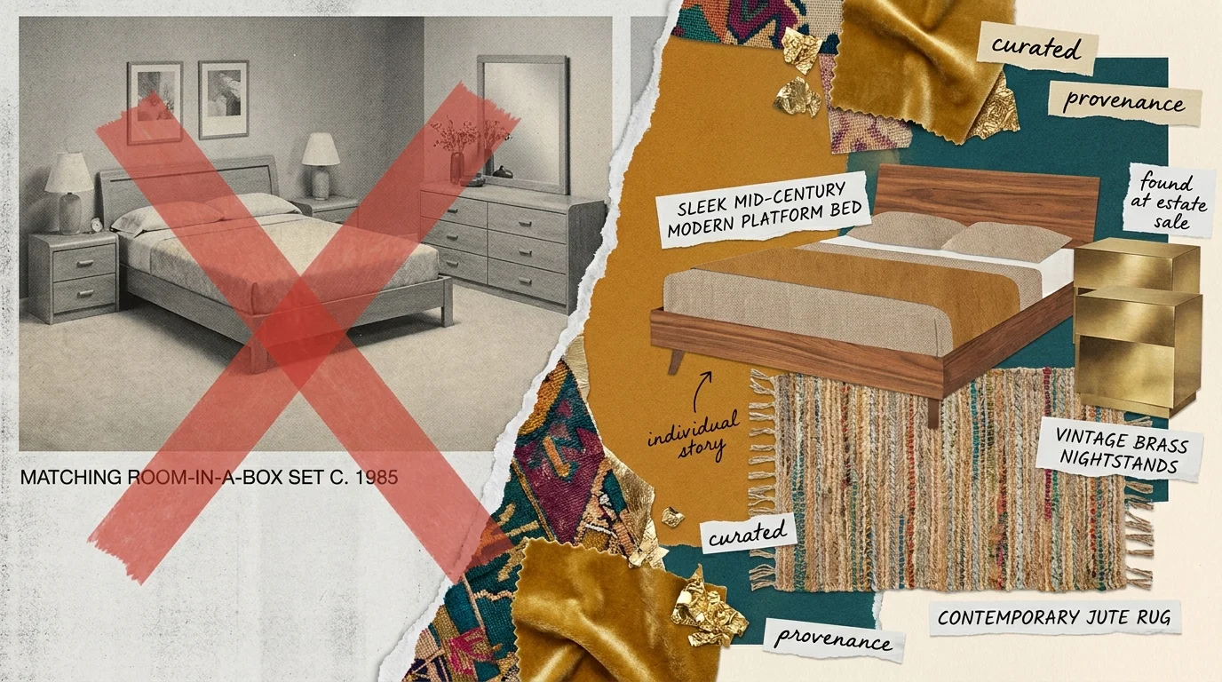 A collage showing a sterile matching bedroom set being torn away to reveal a mix of mid-century and vintage furniture.