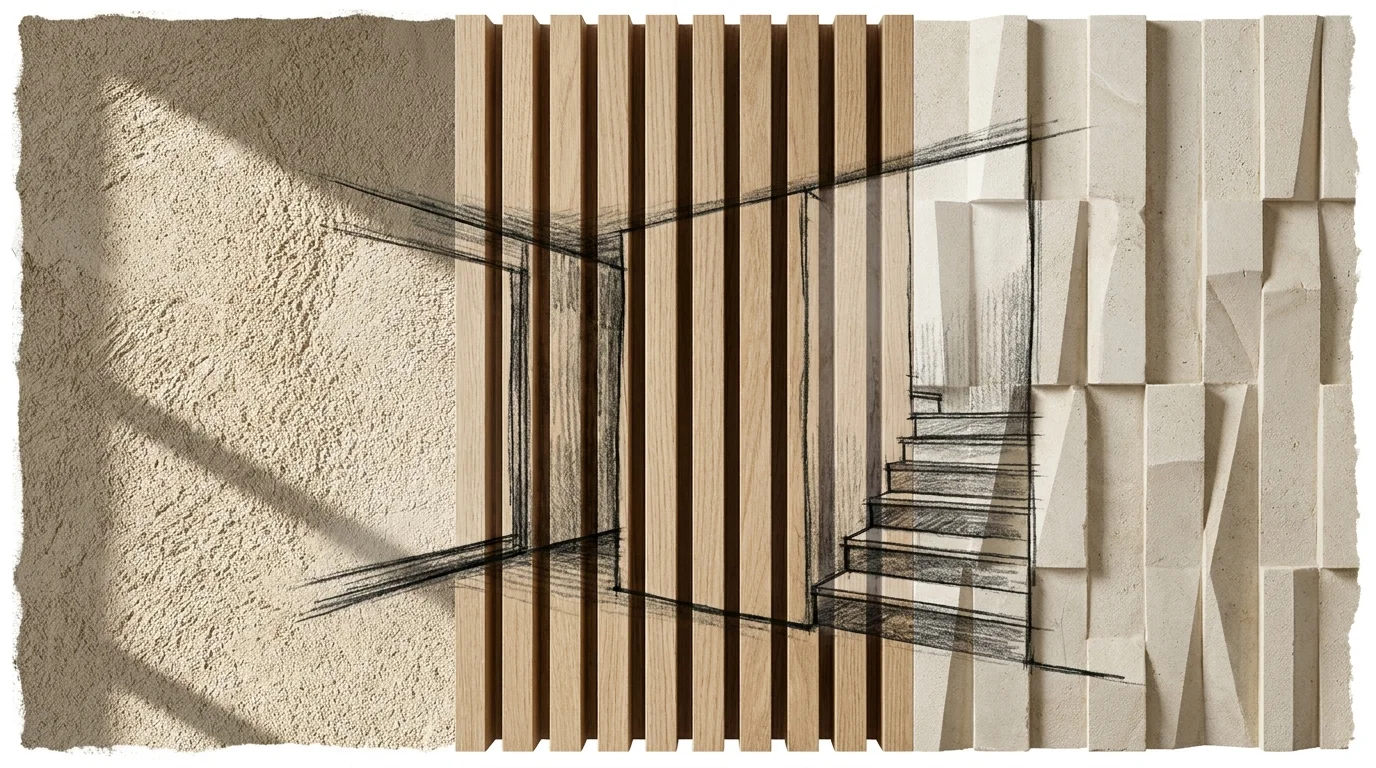 A collage showing different wall textures including lime plaster, oak wood slats, and carved limestone.