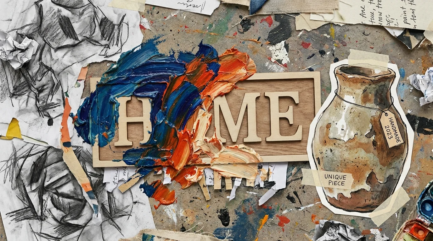 A collage where a generic 'HOME' sign is being covered by expressive blue and orange paint and artisanal pottery images.