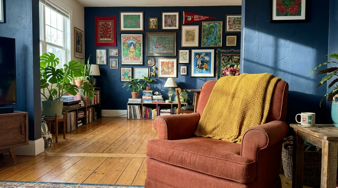 A colorful living room with a terracotta chair, navy blue walls, and warm wood floors, avoiding all-gray tones.