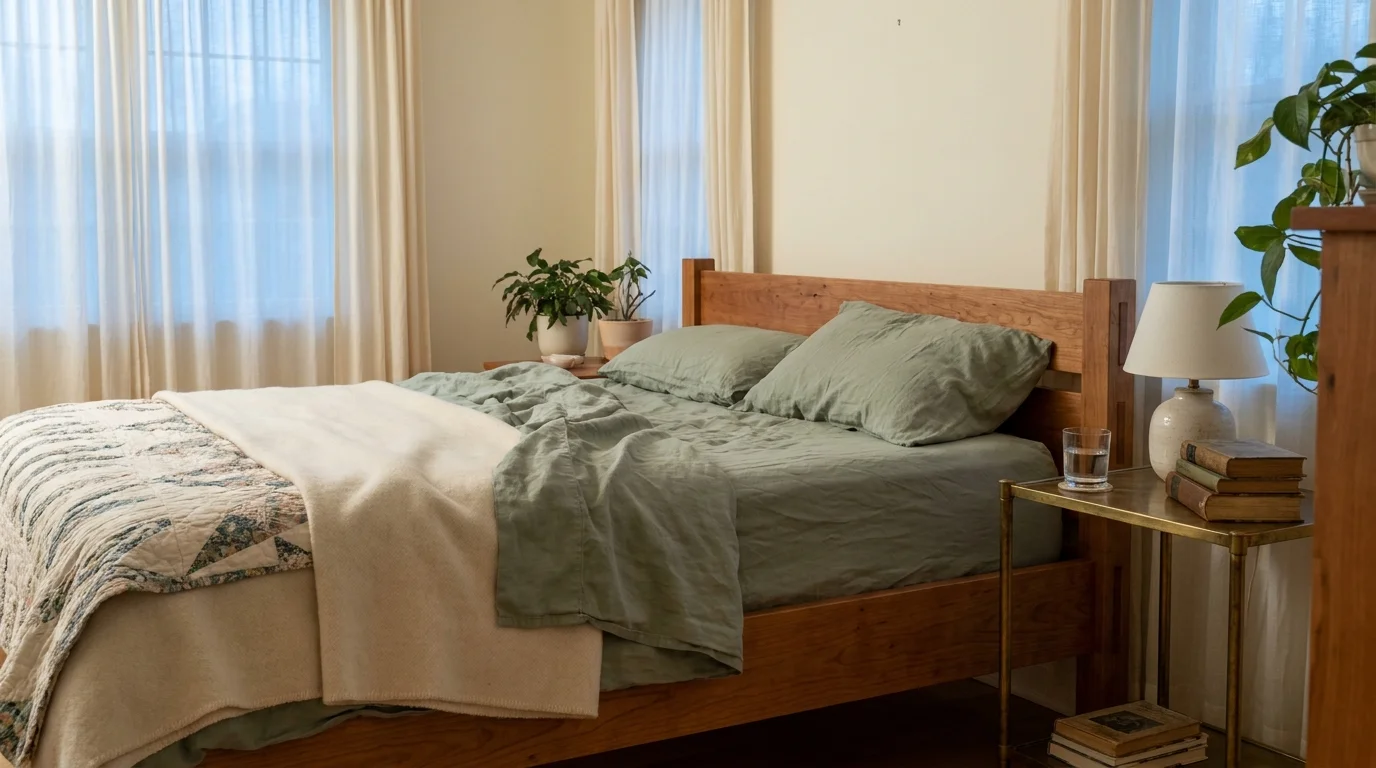A comfortable bedroom featuring a standard-height wooden bed with sage green linen sheets and a vintage brass nightstand.