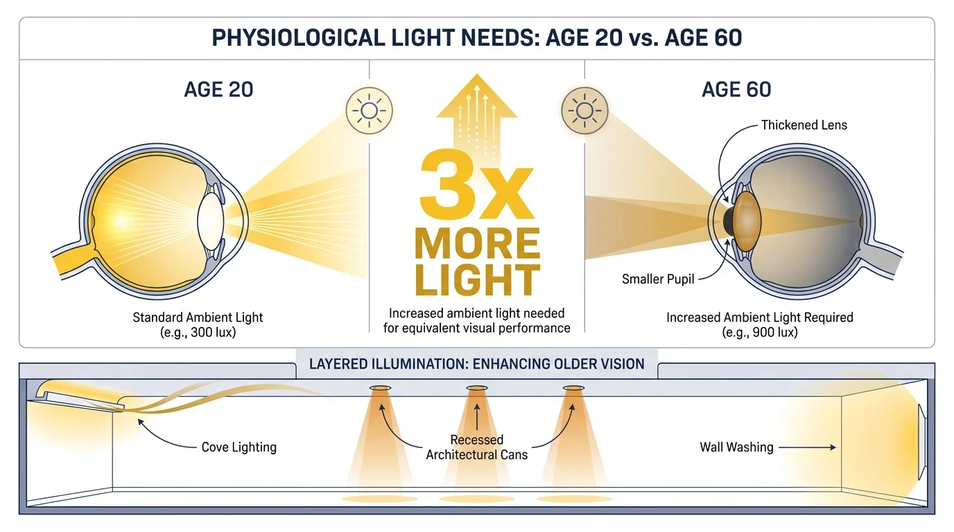 A comparison diagram showing how a 60-year-old eye needs three times more light than a 20-year-old eye, with labels for layered lighting.