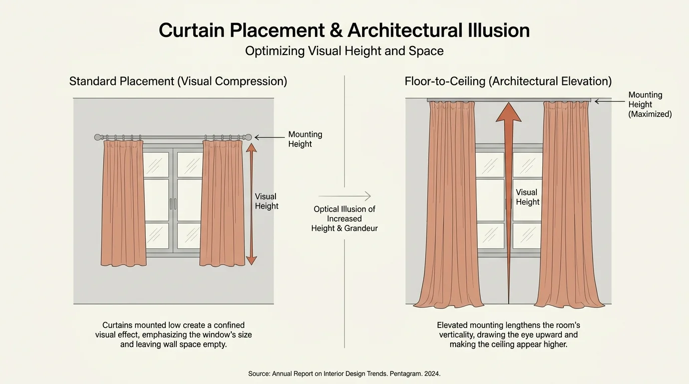 A comparison diagram showing how floor-to-ceiling curtains make a room appear taller.