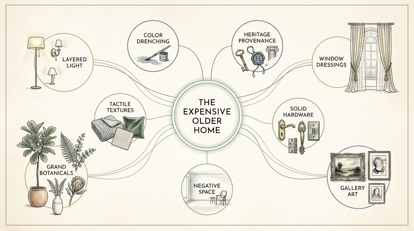 A concept map connecting nine decorating trends to the goal of creating an expensive-feeling older home.