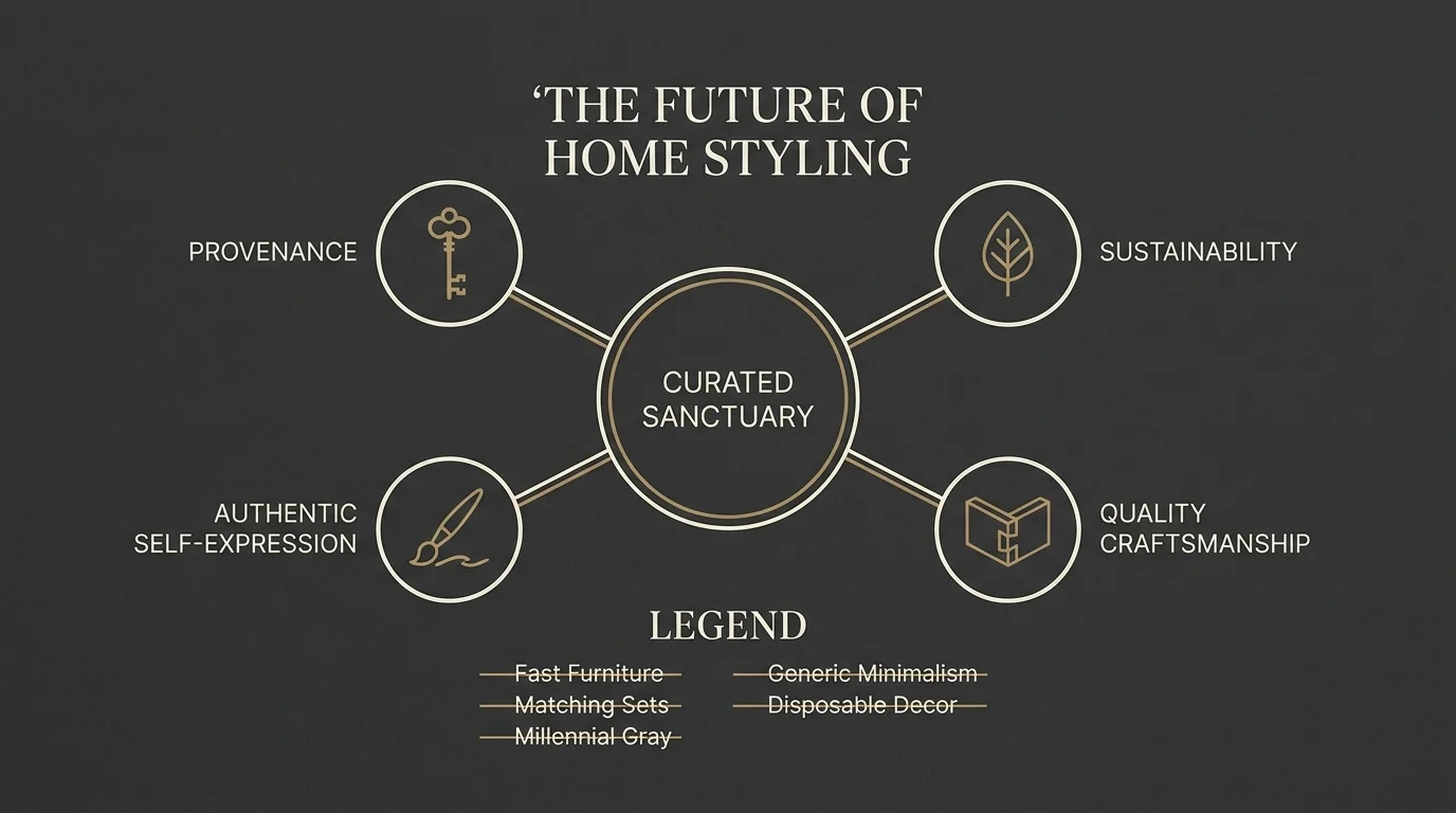 A conceptual diagram showing 'Curated Sanctuary' at the center, surrounded by themes like Sustainability and Provenance.
