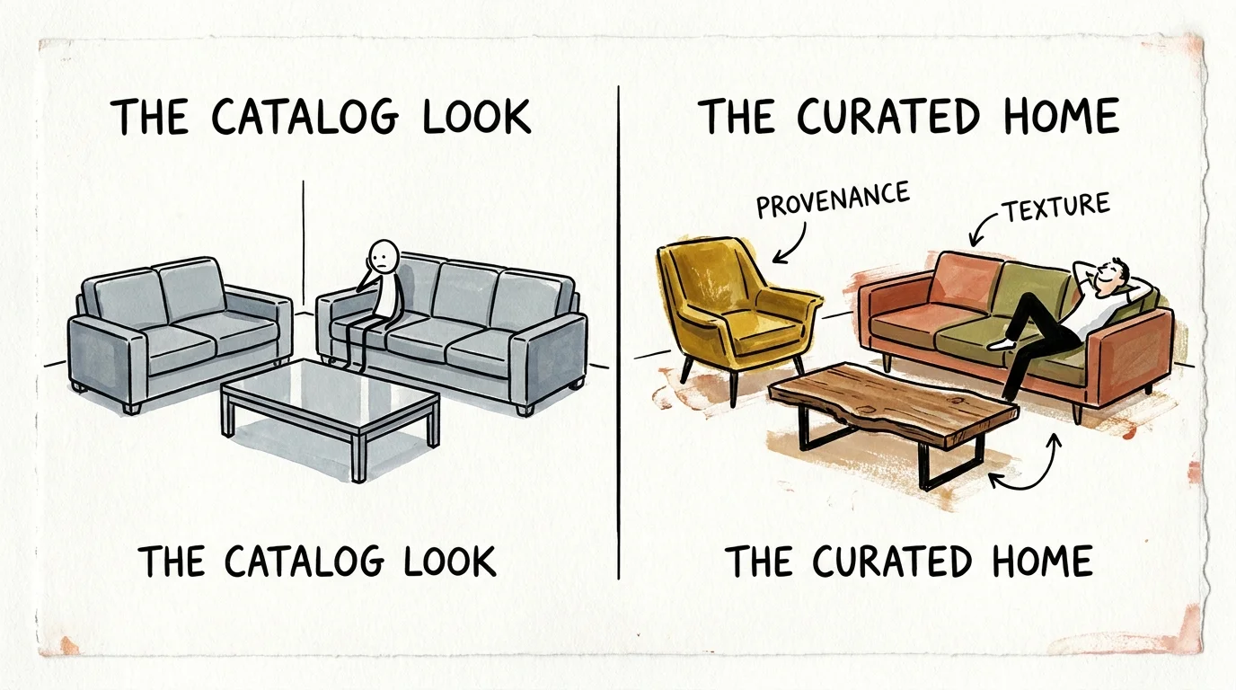 A conceptual illustration comparing a boring, identical furniture set to a vibrant, curated room with mixed styles and periods.