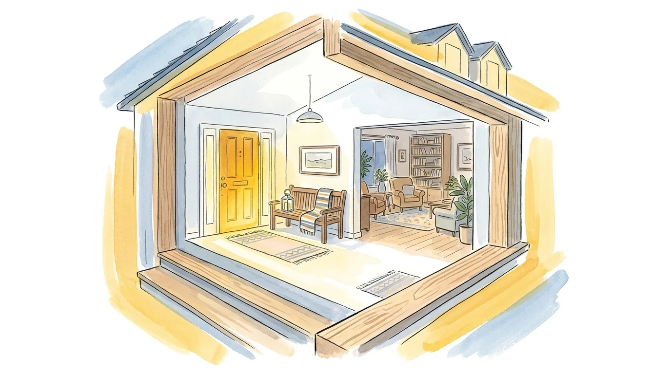 A conceptual watercolor illustration of a safe, bright, and welcoming home entryway that supports independence.