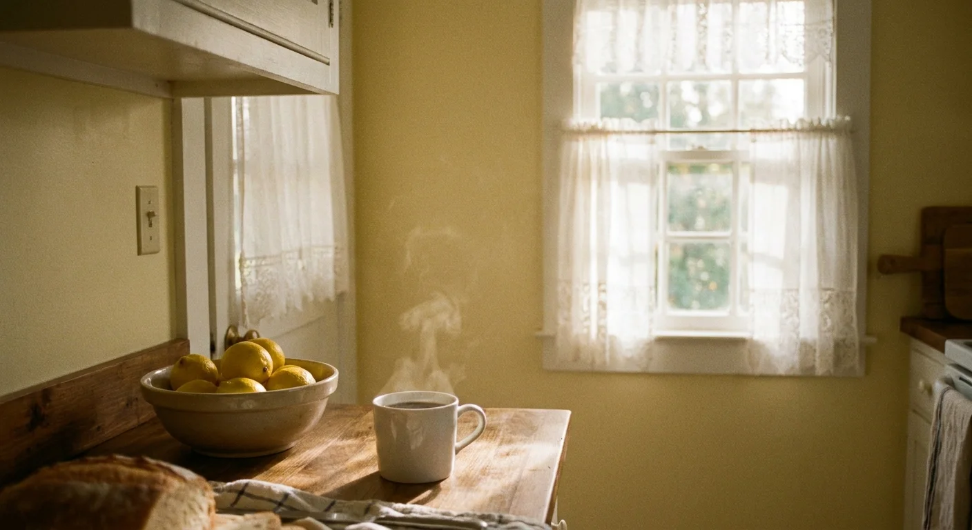 A cottage kitchen with buttermilk yellow walls and morning sunlight streaming through lace curtains.
