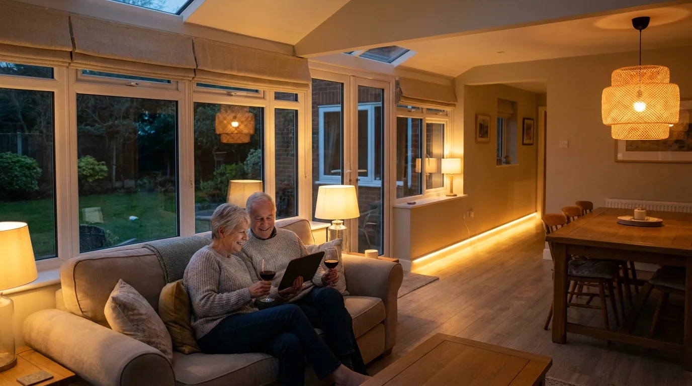 A couple relaxing in a beautifully lit, modern home that seamlessly integrates all the safety lighting trends discussed.