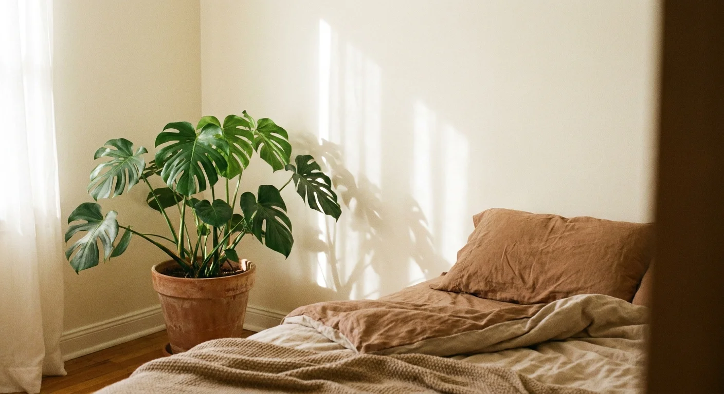 A cozy bedroom corner with creamy white walls, a large green plant in a terracotta pot, and soft morning light.