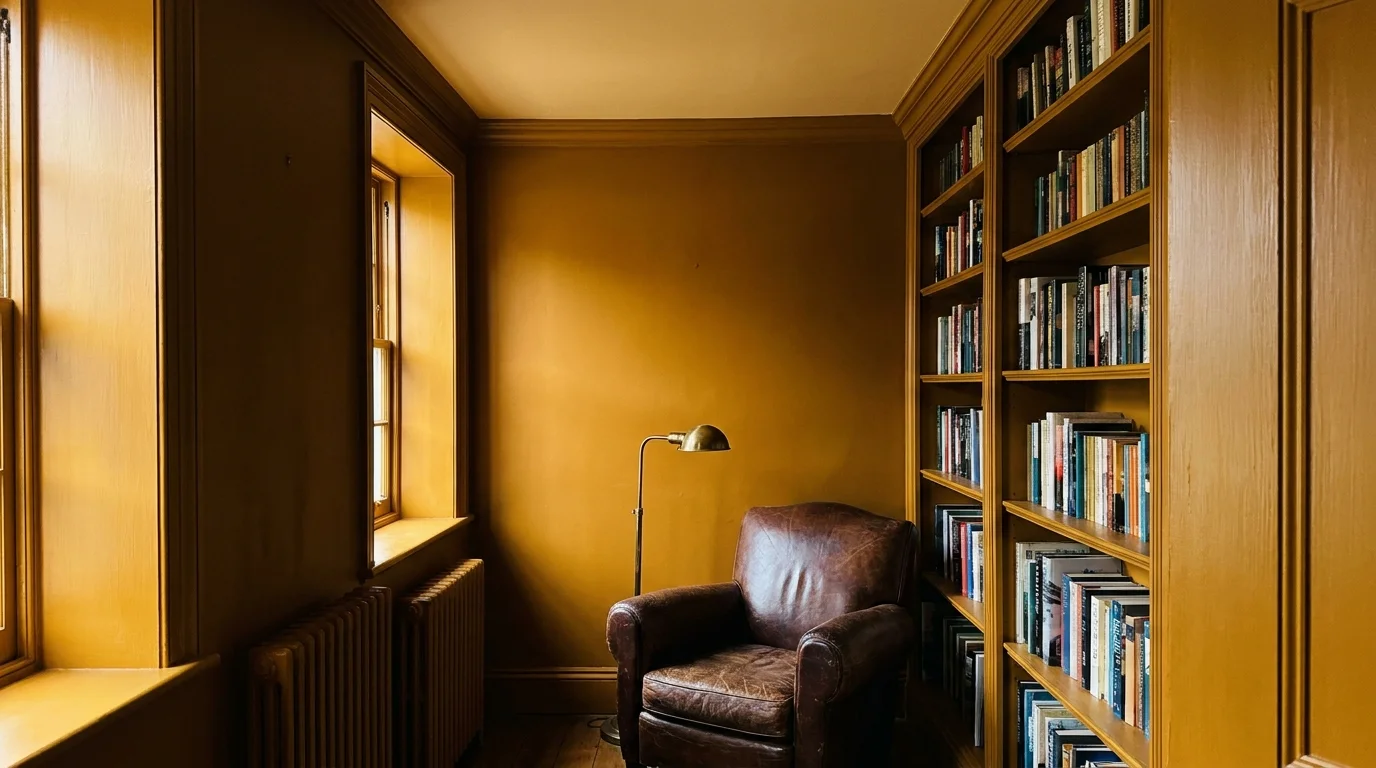 A cozy home library where the walls, bookshelves, and trim are all painted in the same deep ochre color.