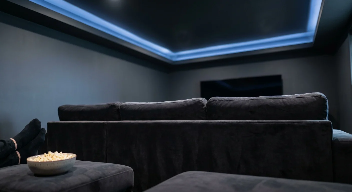 A cozy home theater room with a matte charcoal black ceiling and plush gray velvet furniture.