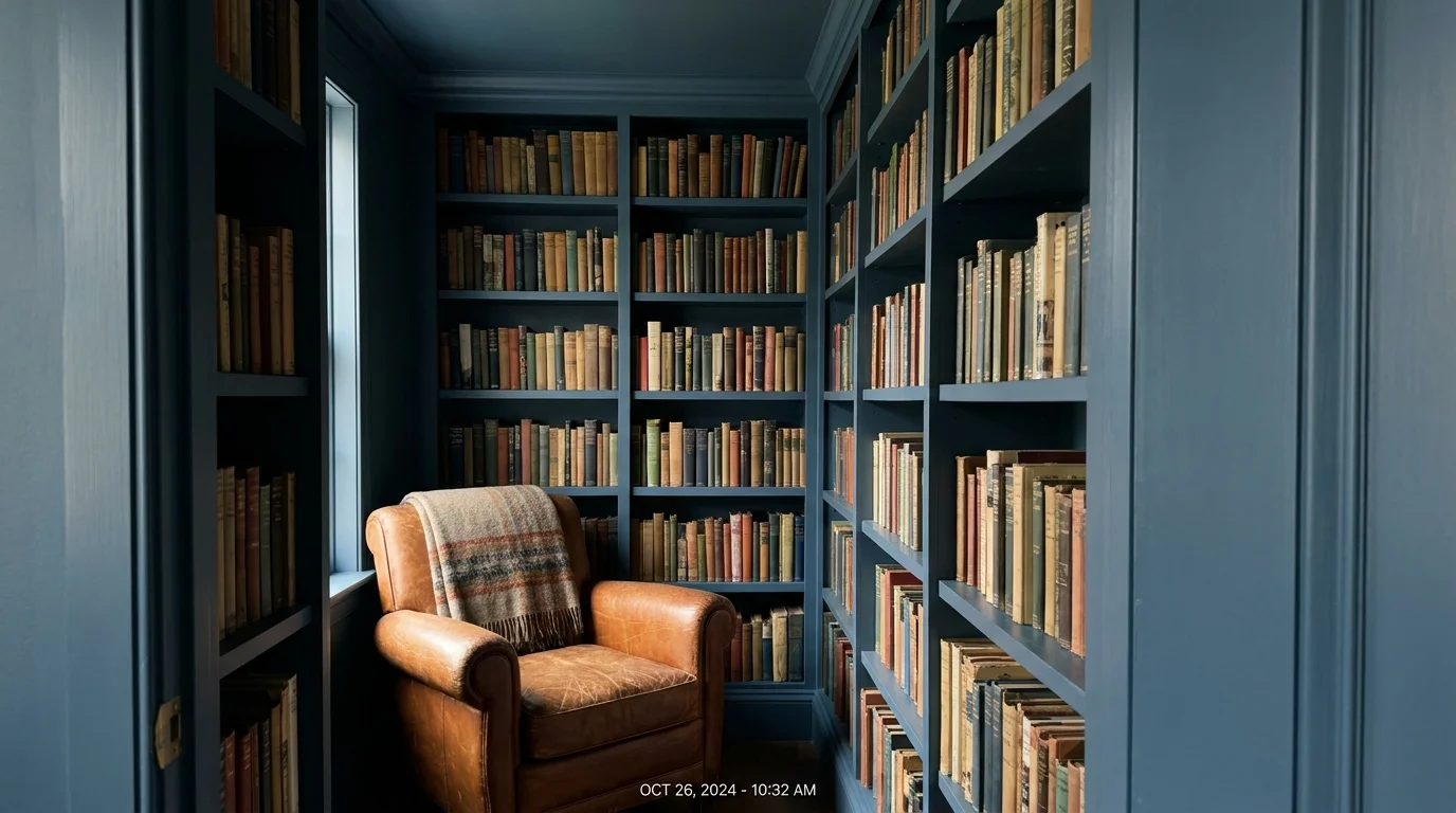 A cozy reading nook with atmospheric slate blue walls and a cognac leather chair, creating a sense of quiet luxury.