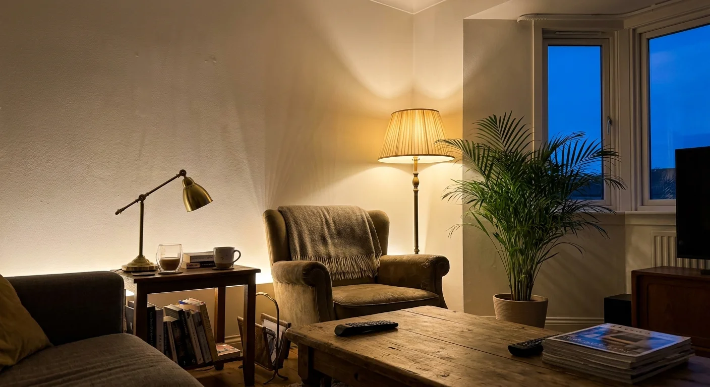 A cozy room at night lit by a floor lamp, table lamp, and an accent light instead of a harsh ceiling fixture.