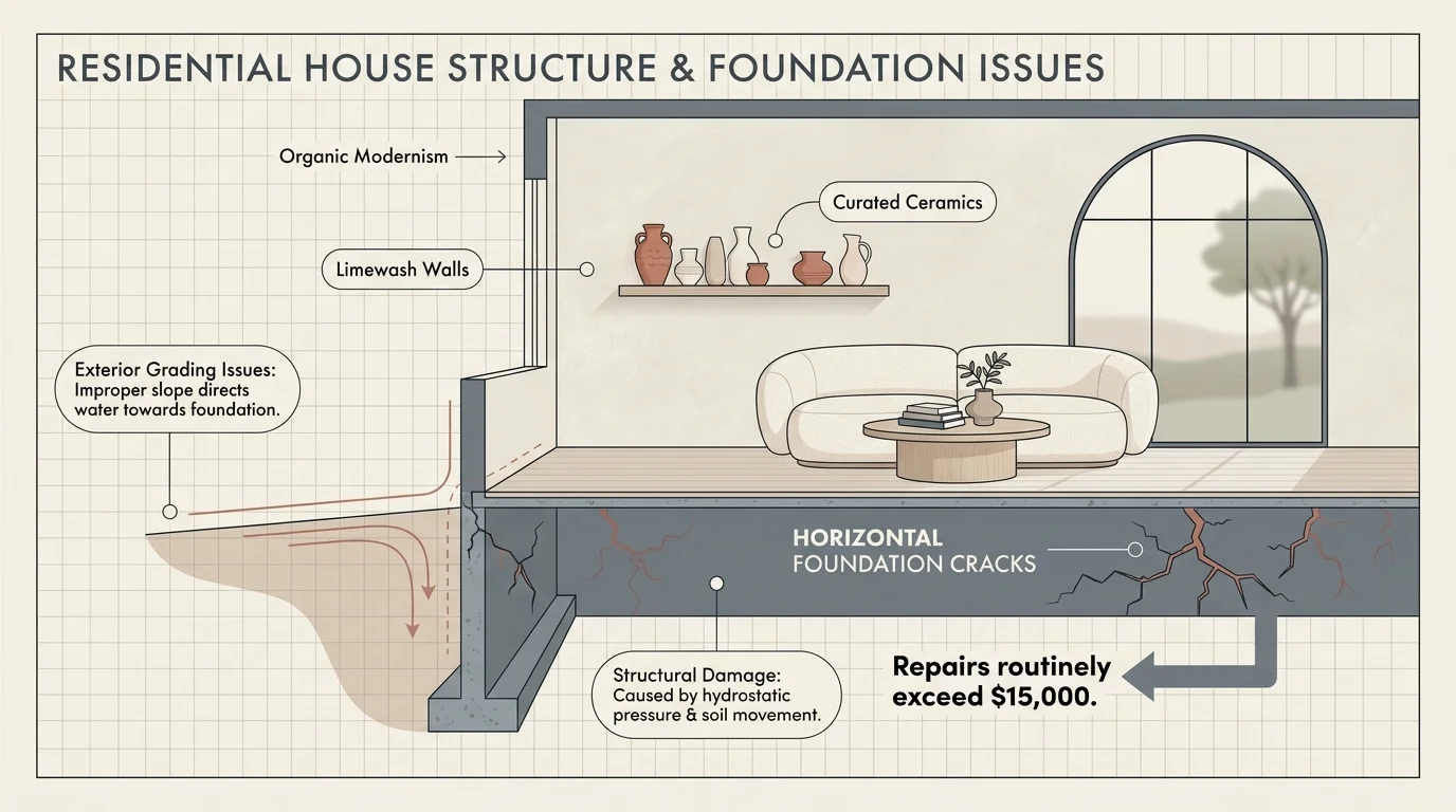 A cross-section diagram showing a decorated living room above a cracked basement foundation with a $15,000 repair cost label.
