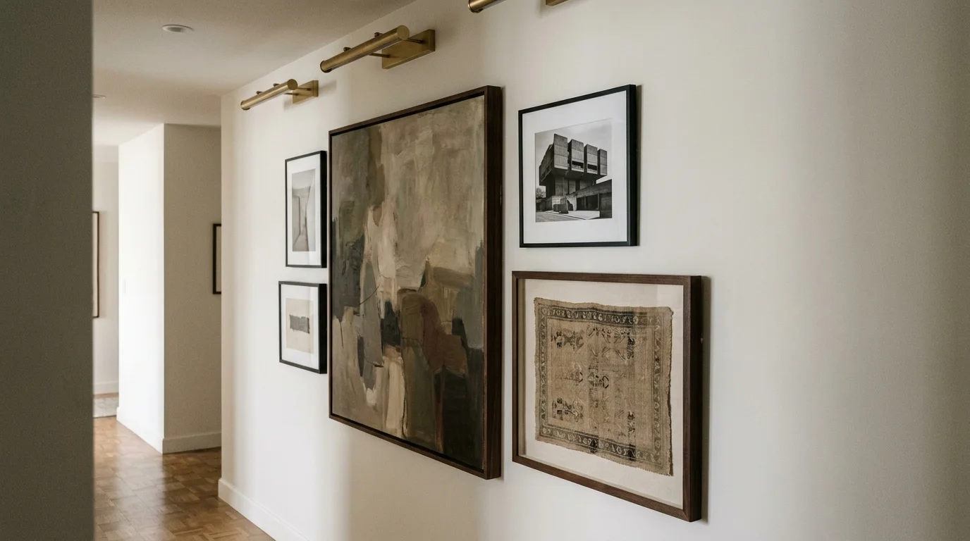 A curated gallery wall in a hallway with varied art pieces in different frames, illuminated by dedicated art lighting.