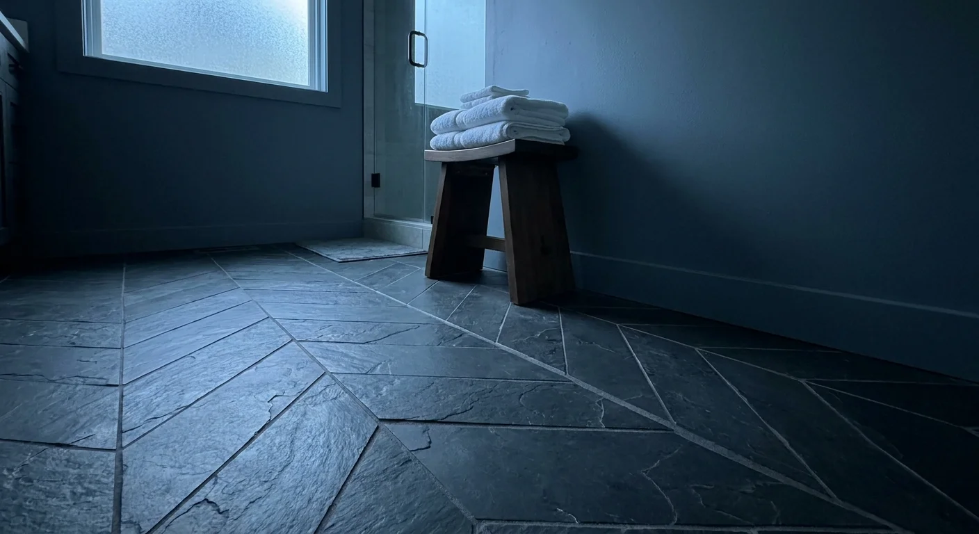 A dark blue wall meets a floor made of charcoal-colored slate tiles arranged in a V-shaped chevron pattern.