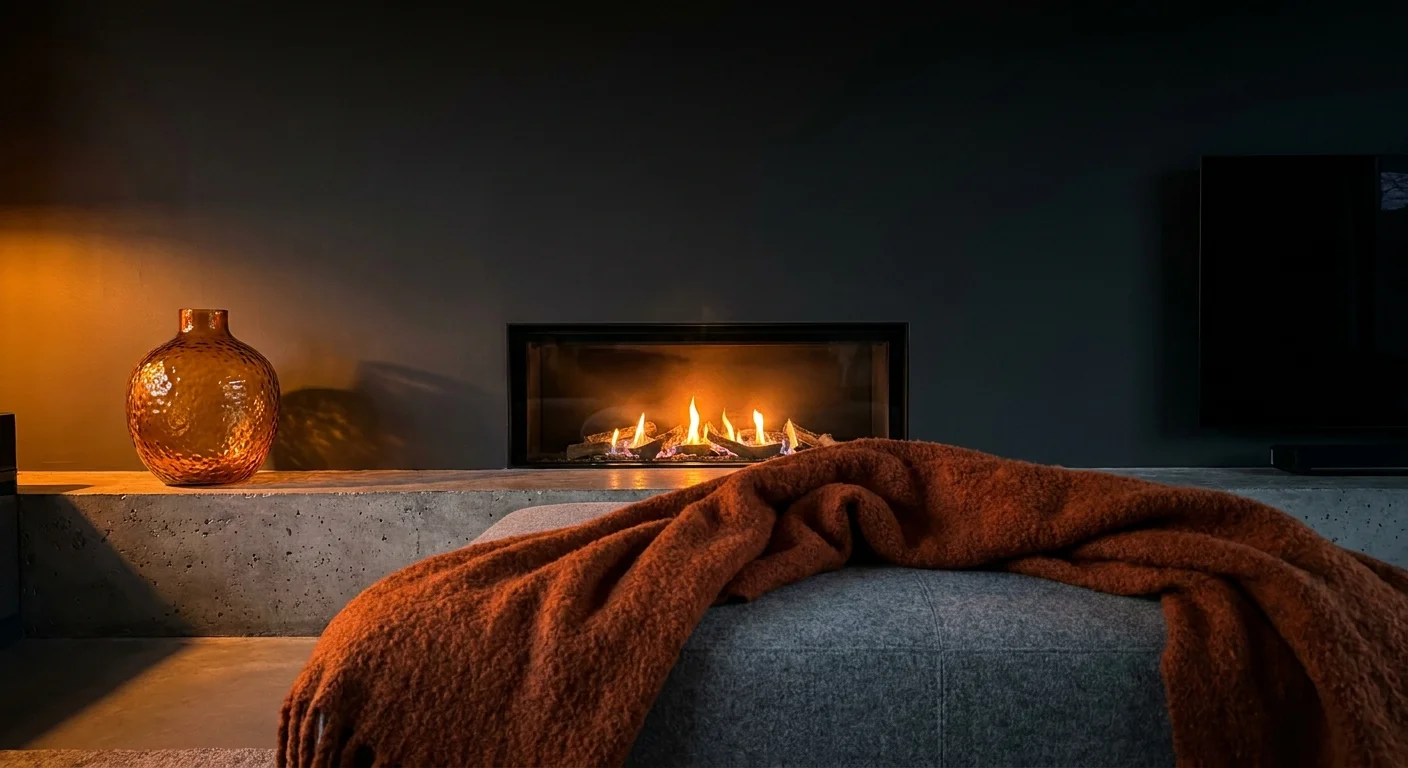 A dark charcoal grey room illuminated by the warm amber glow of a fireplace and amber accents.