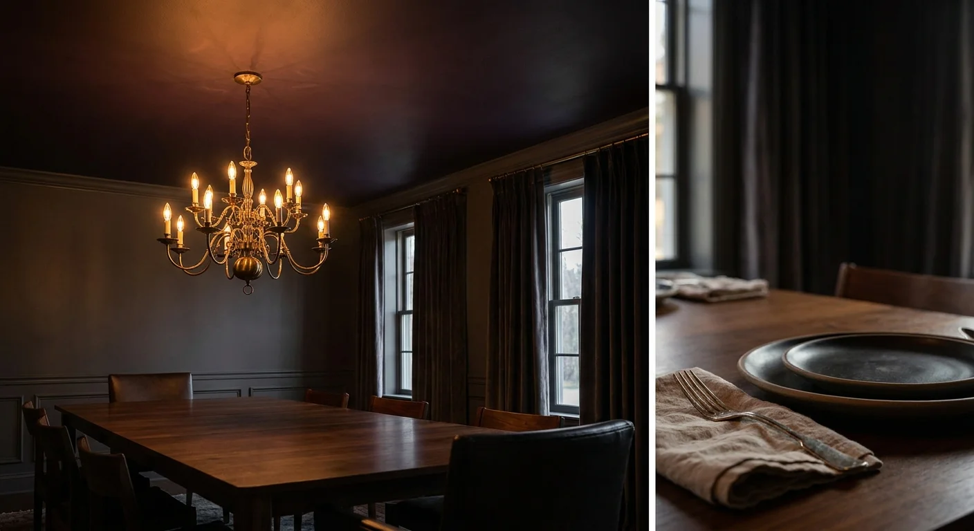 A dark purple matte ceiling in a formal dining room with a glowing brass chandelier reflecting warm light.