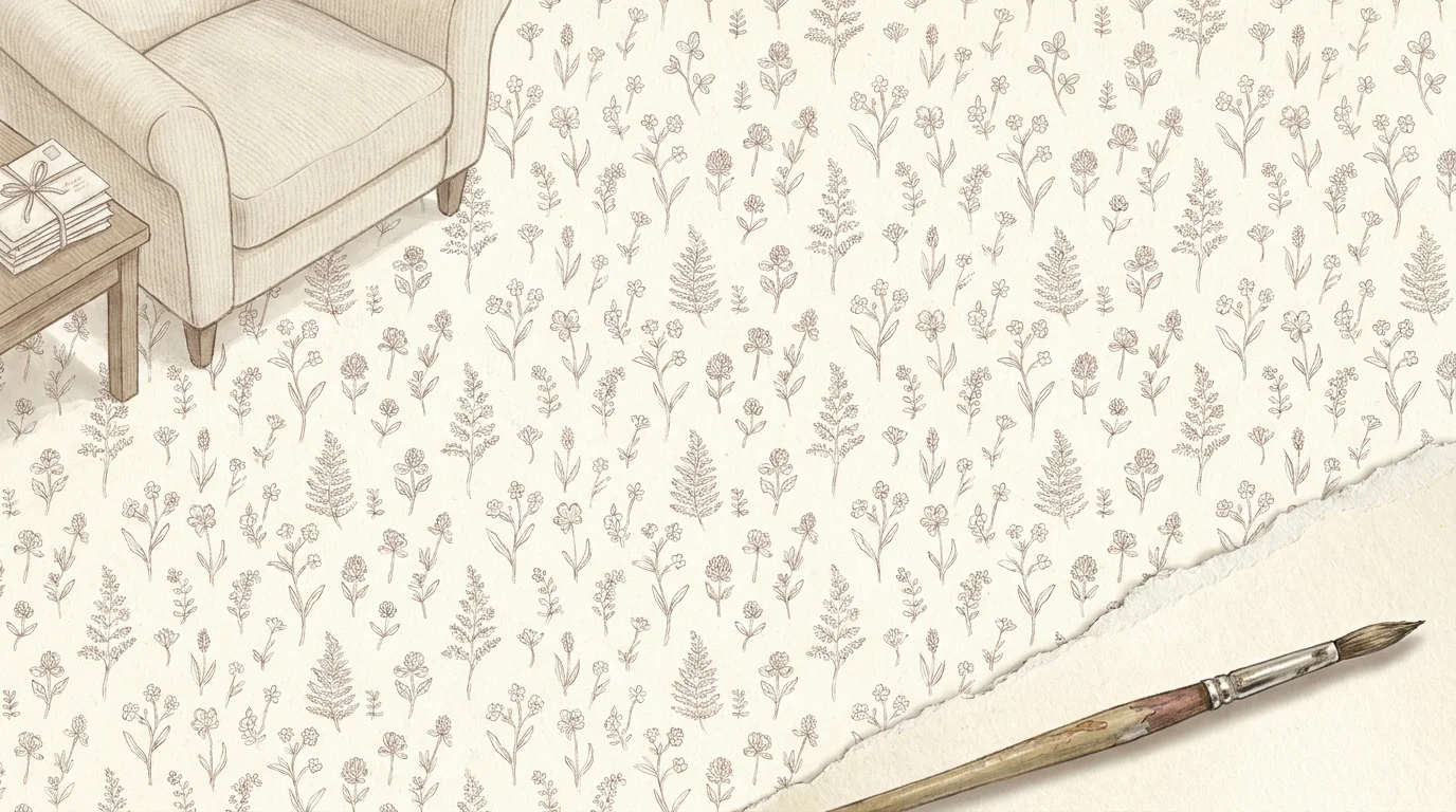 A delicate micro-floral illustration in cream and dusty rose, evoking a sense of quiet luxury and traditional charm.