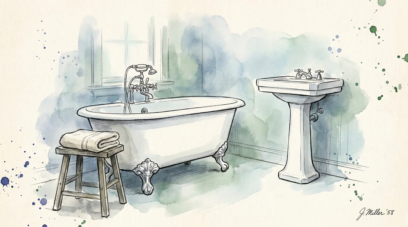 A delicate watercolor illustration of a classic white clawfoot tub and a pedestal sink in a serene bathroom setting.