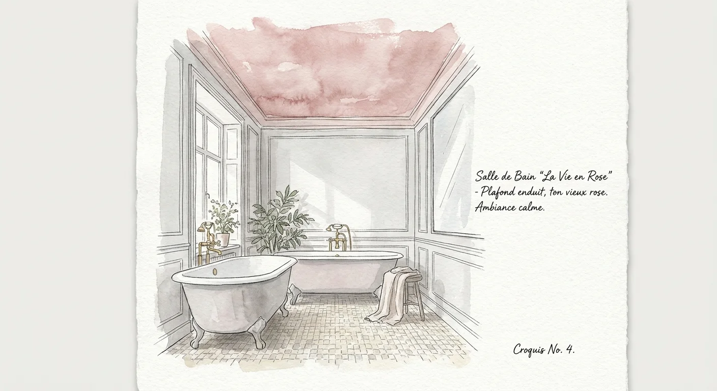 A delicate watercolor sketch of a bathroom with a soft blush pink ceiling and a vintage clawfoot tub.