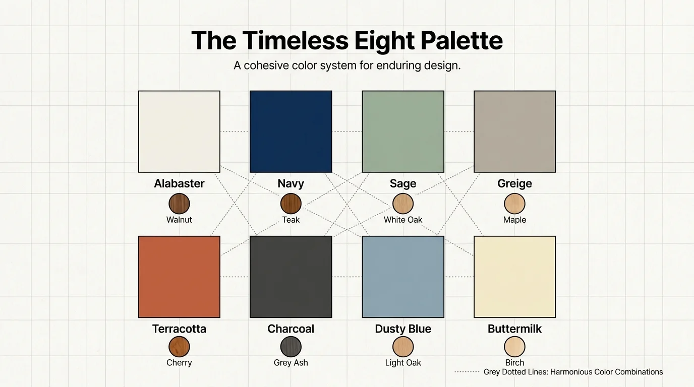 A design grid showing swatches of all 8 classic colors with labels and recommended wood-tone pairings.