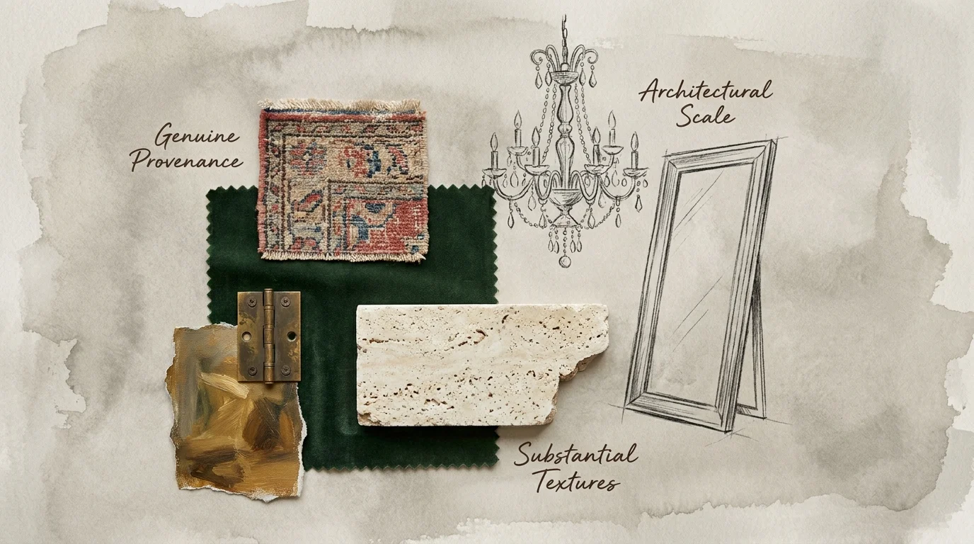 A design mood board collage featuring velvet fabric, stone, brass, and architectural sketches.