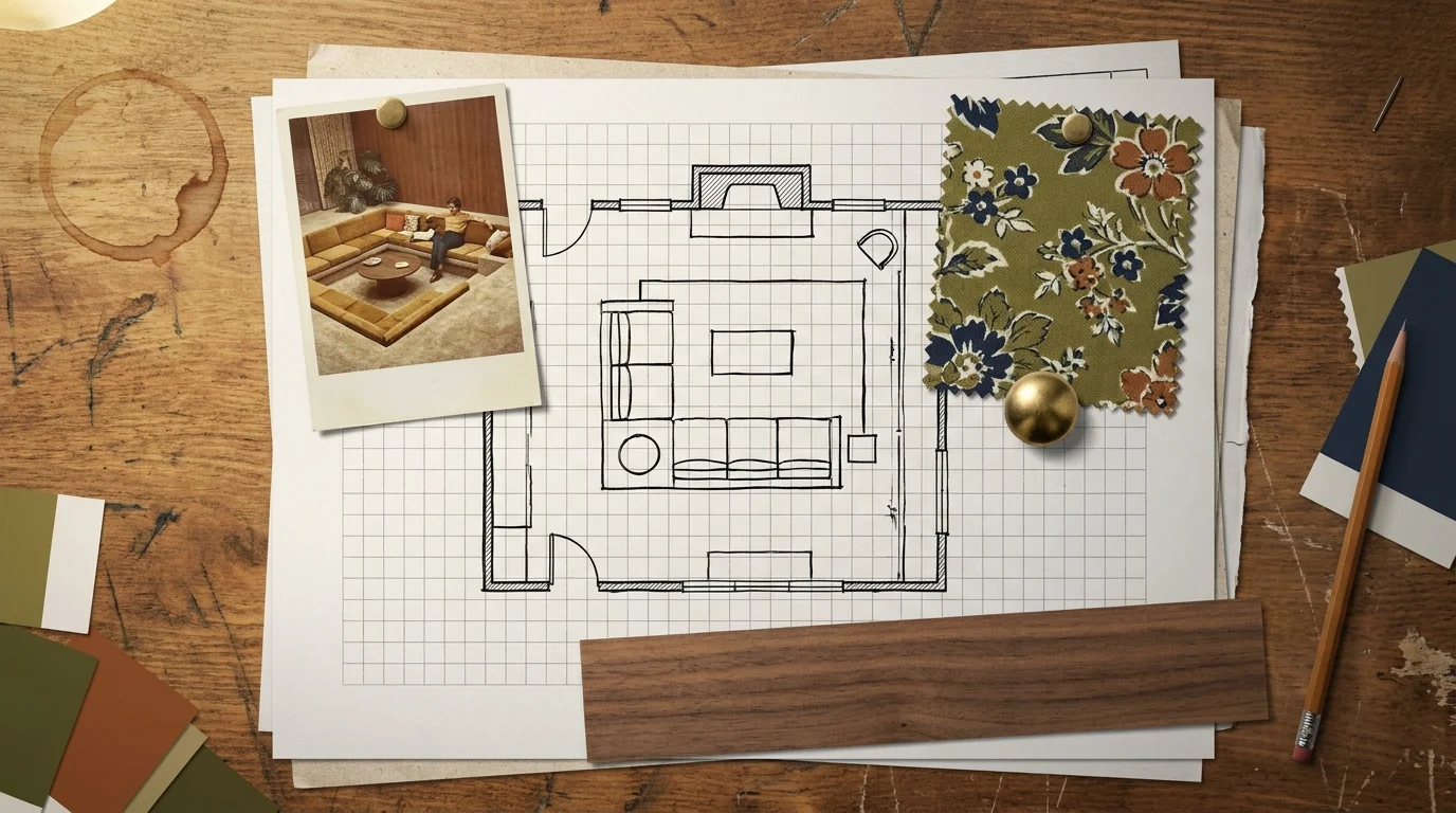 A designer's collage with a floor plan, fabric swatches, and a photo of a conversation pit on a wooden desk.