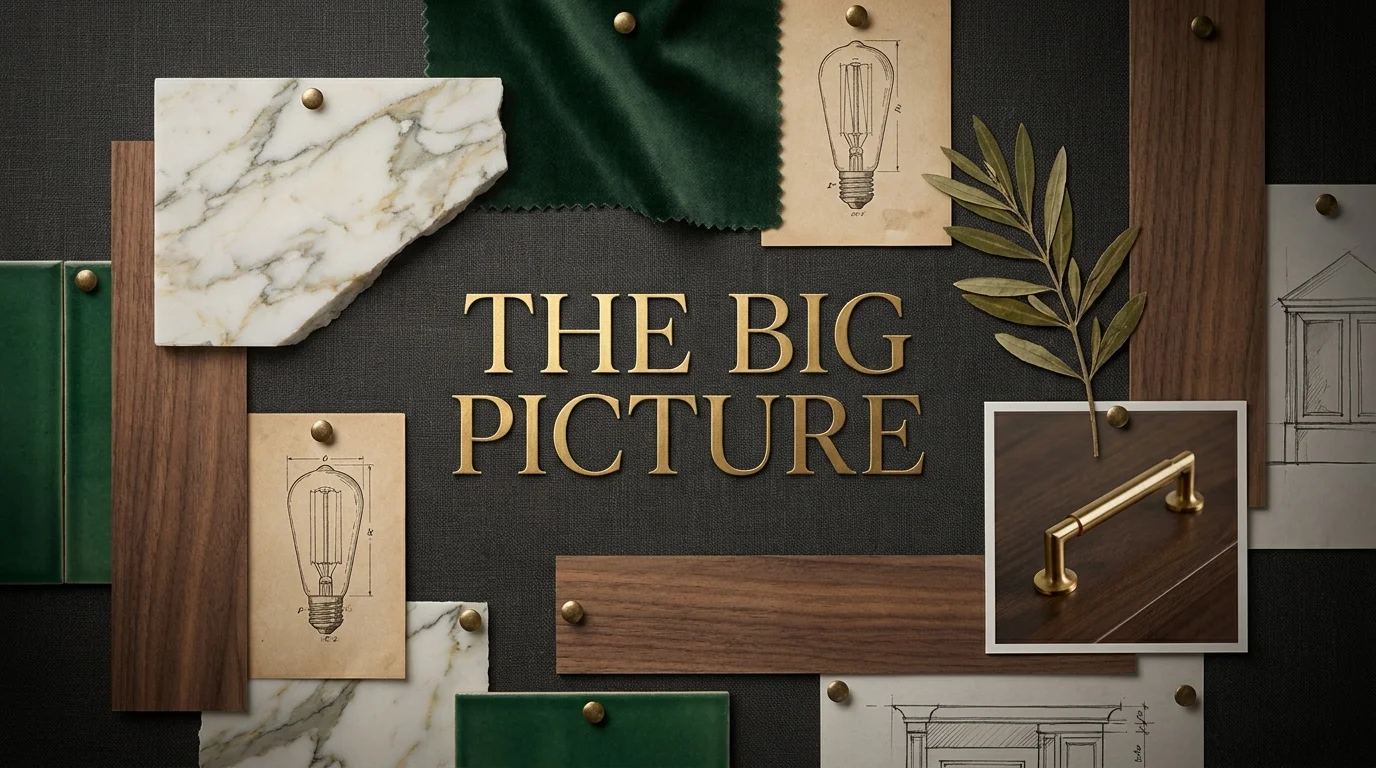 A designer's mood board collage featuring marble, velvet, brass, and sketches, representing a cohesive luxury home design plan.