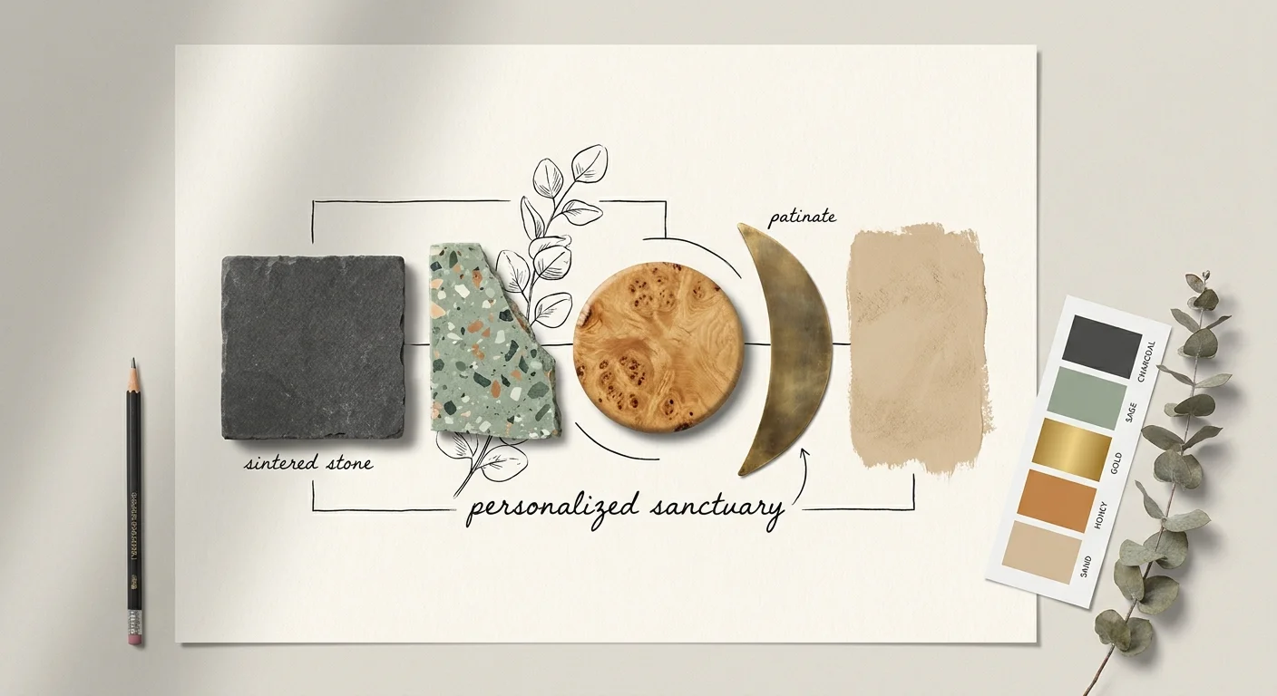 A designer's mood board featuring samples of stone, wood, metal, and plaster arranged with botanical sketches.