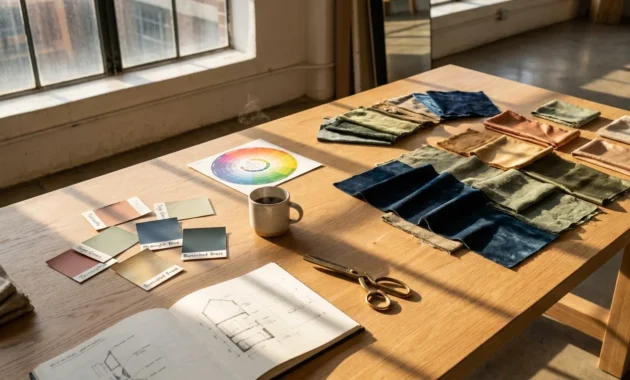 A designer's workspace with fabric swatches, paint chips, and sketches on a wooden table under soft natural light.