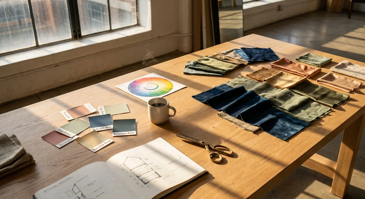 A designer's workspace with fabric swatches, paint chips, and sketches on a wooden table under soft natural light.