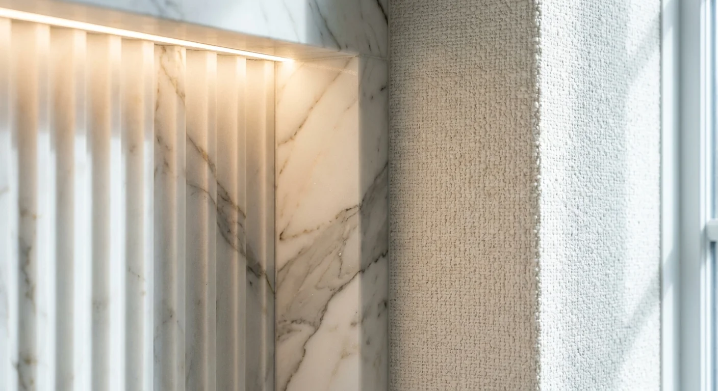 A detail shot showing the contrast between a grooved marble wall and a soft, bumpy fabric-textured wallcovering.